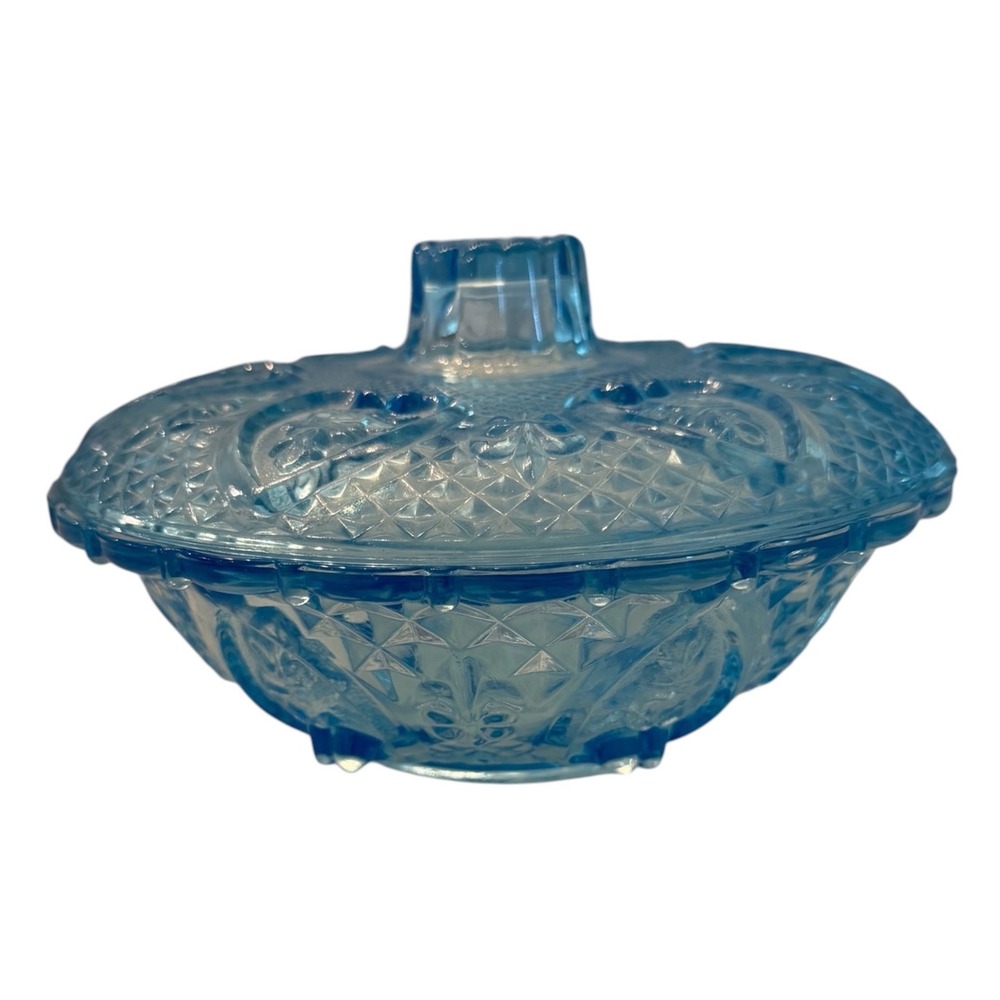 Vintage KIG Ice Blue Pressed Glass Candy Dish Heart & Rose Hearts and Flowers